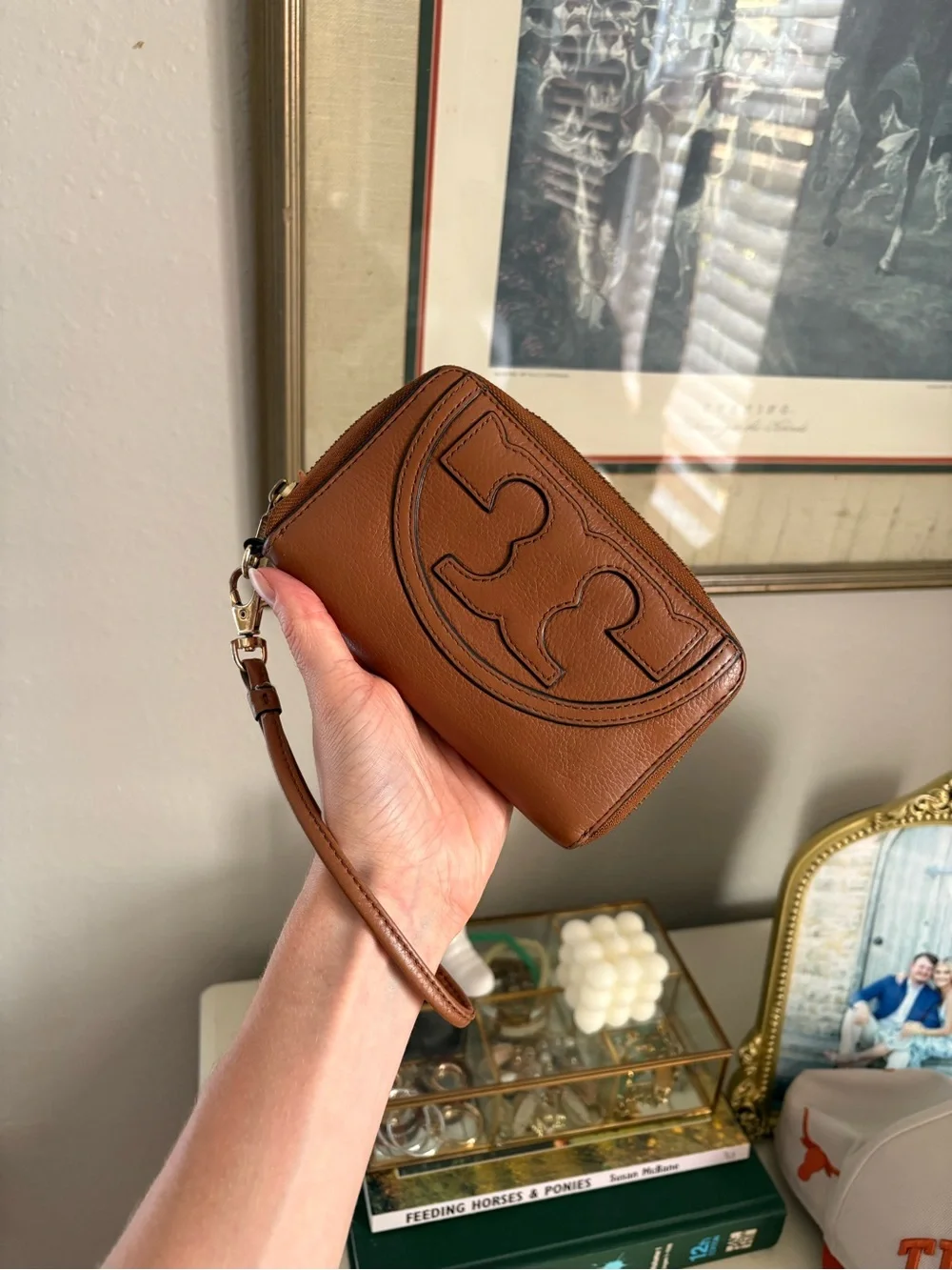 Tory Burch Tan Leather Wristlet with Logo